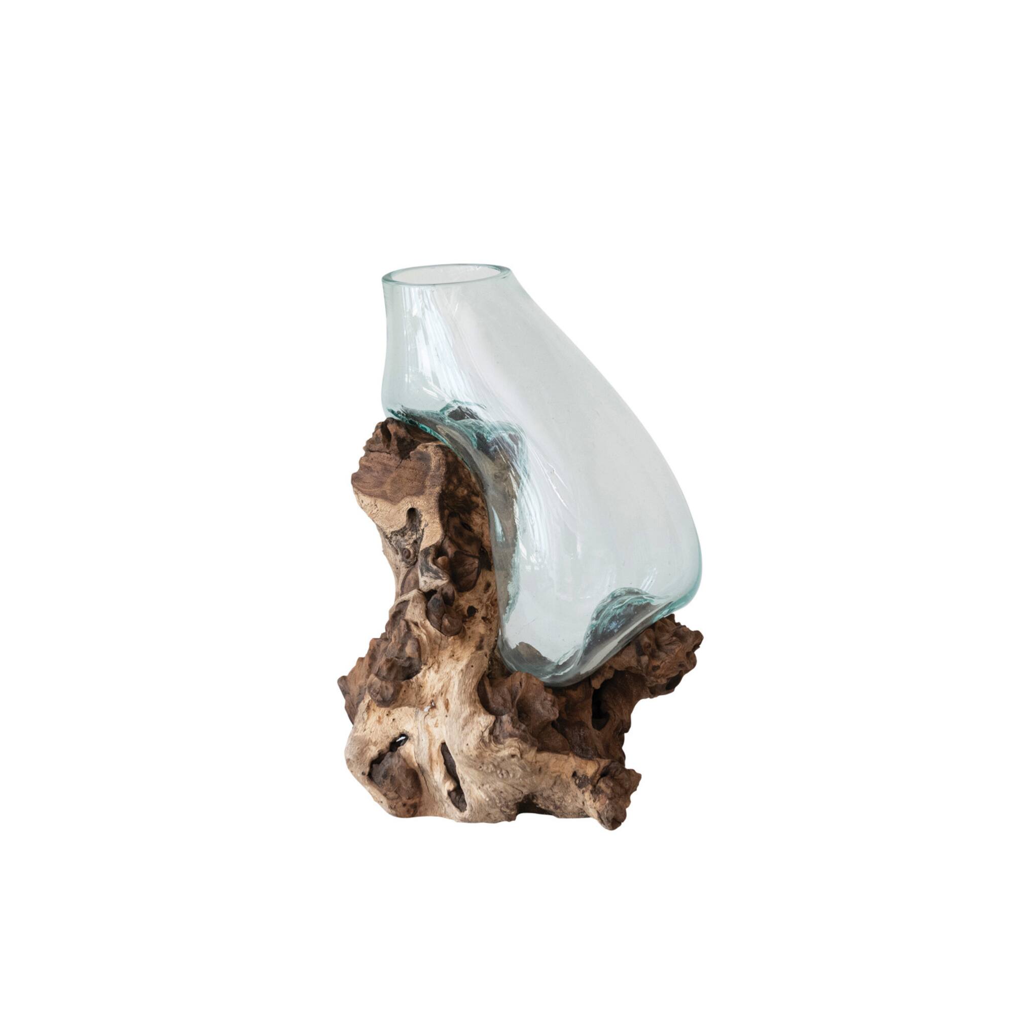 Hello Honey® 15.75" Clear & Natural Reclaimed Glass Terrarium Vase with Wood Base